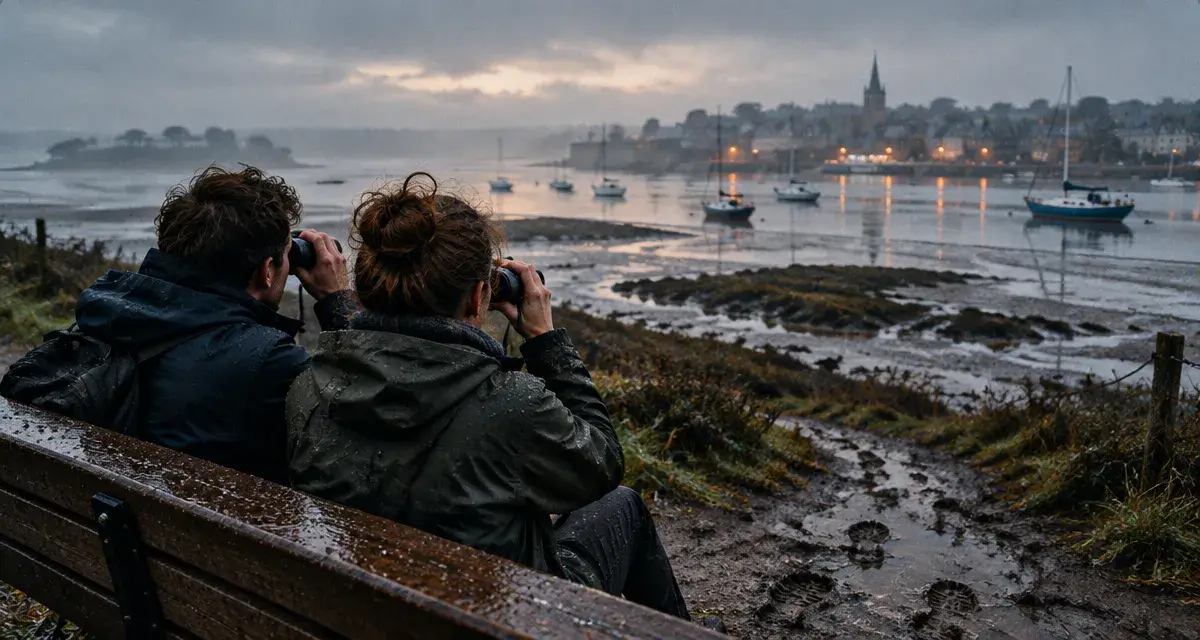 Que faire dans le morbihan en hiver : couple au Golfe du Morbihan en brume froide