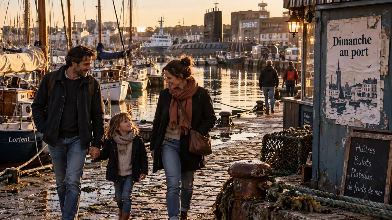 Que faire le dimanche dans le Morbihan : couple et enfant sur le quai de Lorient